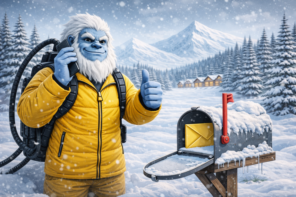 Friendly Ice Busters mascot wearing a yellow business parka and holding a phone next to a snowy mailbox, representing 24/7 emergency roof de-icing services.